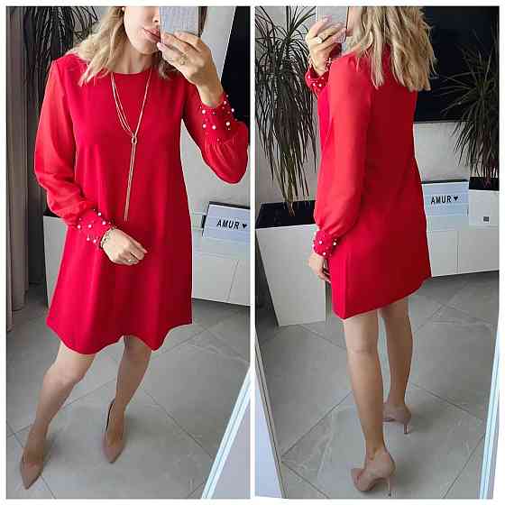 Жіноча святкова сукня прикрашена намистинками турецький креп-дайвінг + шифонові рукави Червоний, 52/54 Одеса