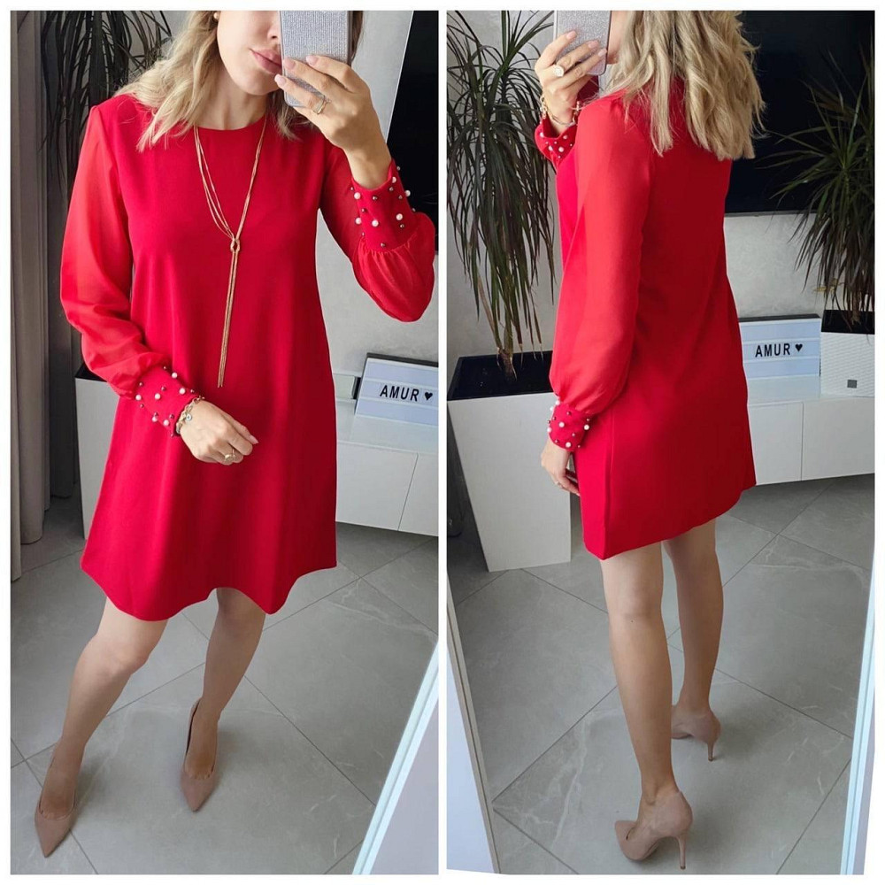 Женское праздничное платье украшенное бусинками турецкий креп-дайвинг + шифоновые рукава Красный, 52/54 Одесса - изображение 1