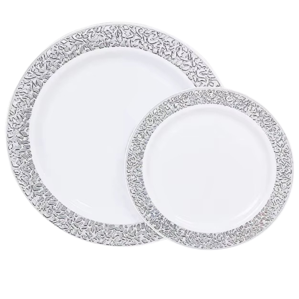 Набір тарілок пластикових круглі 12 шт, десертні 19 см і обідні 26 см, білі зі сріблястим візерунком Кам'янець-Подільський - фото 2