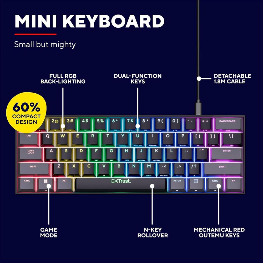 Механическая игровая клавиатура Trust GXT 867 Acira 60% с RGB подсветкой, компактная, UK раскладка, Outemu Red Киев - изображение 7