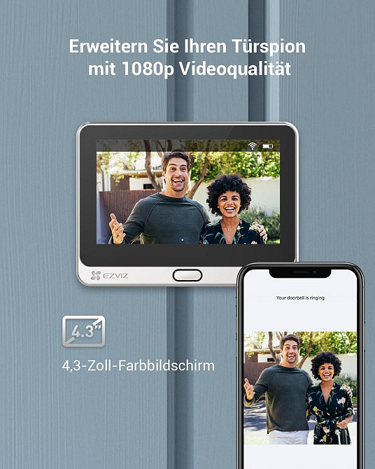 Відеодзвінок EZVIZ DP2C WiFi, Дверний дзвінок з камерою акумуляторний, монітор 4,3", PIR-сенсор, 155° огляд, дверне вічко Київ - фото 3
