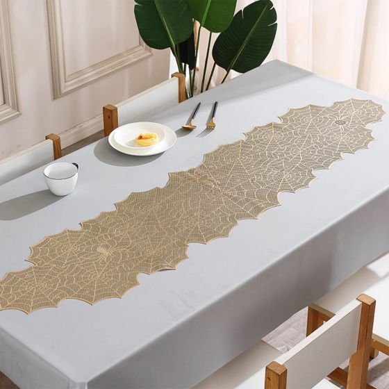 Килимок сервірувальний під гаряче 150×35см, сервірувальна серветка золотиста, візерунок у вигляді павутини Кам'янець-Подільський