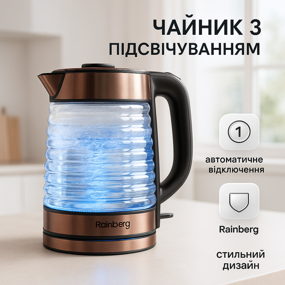 Безшумний електрочайник Rainberg RB-2312 2.2л 2200Вт, Електричний чайник з нагрівальним диском CF-28 Львів - фото 8