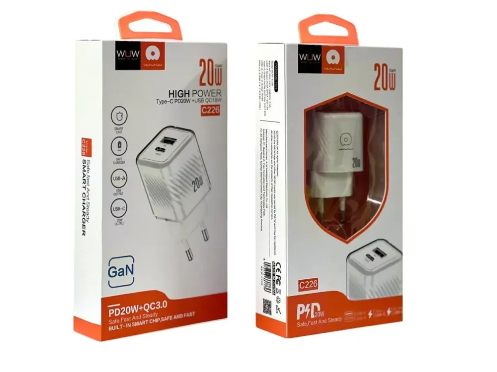 Зарядное устройство WUW-C226 220В 20Вт с портами USBx1 и Type-Cx1, поддержка быстрой зарядки 5В/9В/12В Одесса - изображение 3