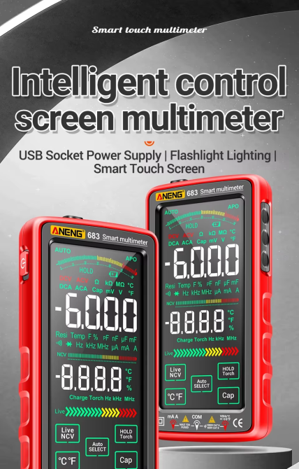 Мультиметр тестер Aneng 683 PRO сенсорный с встроенным аккумулятором AC/DC 10A/1000V с NCV и True RMS (Черный) Винница - изображение 10