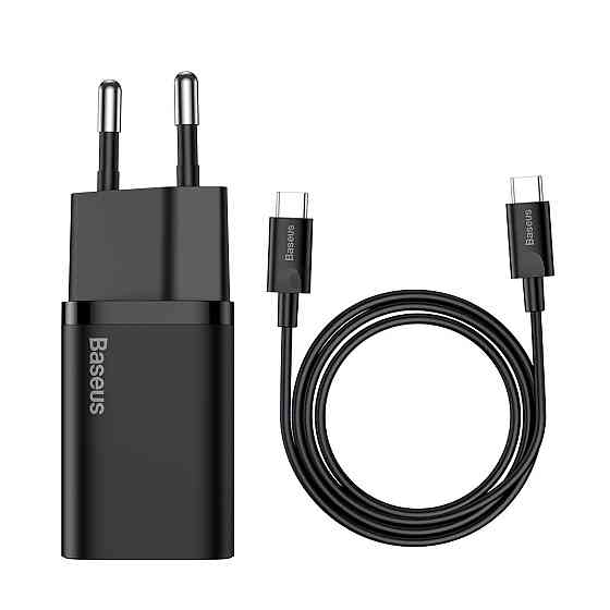 Мережевий зарядний пристрій Baseus Super Si Quick Charger 1C 25W EU Sets, колір чорний (With Mini, колір білий Cable Type-C - Одеса