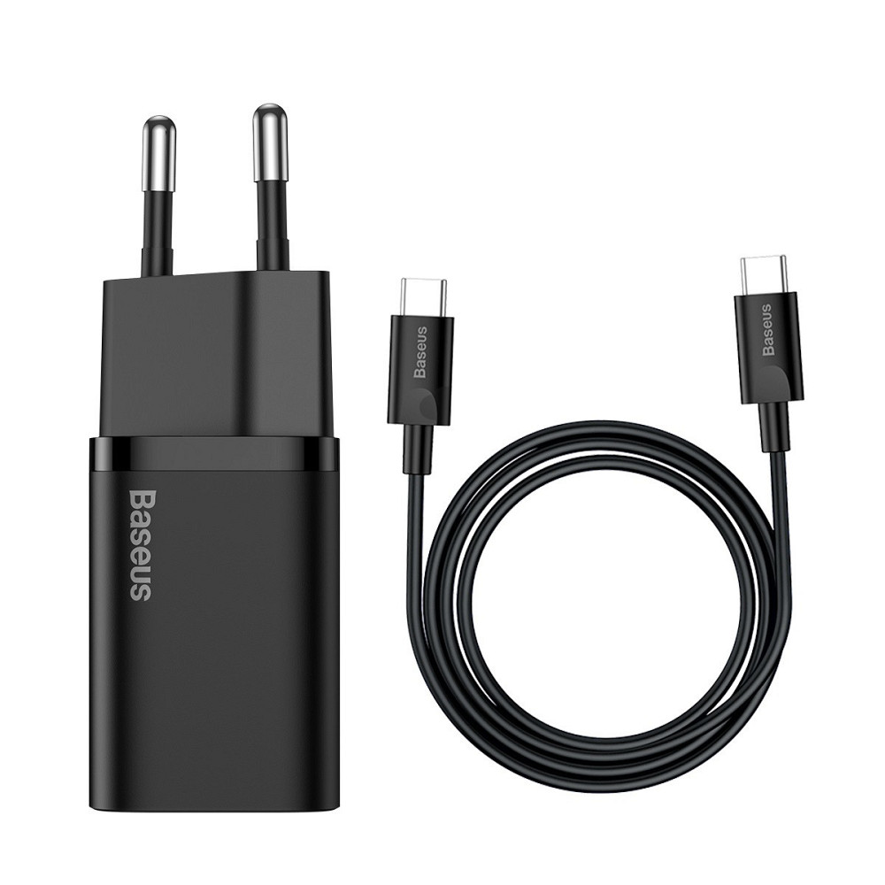 Мережевий зарядний пристрій Baseus Super Si Quick Charger 1C 25W EU Sets, колір чорний (With Mini, колір білий Cable Type-C - Одеса - фото 1
