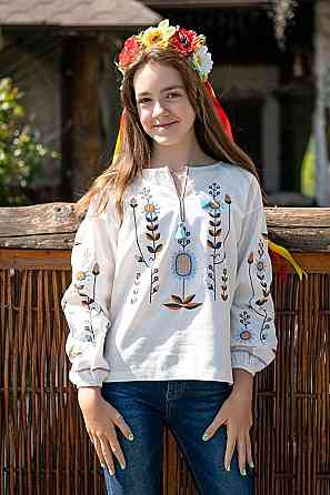 Вышиванка для девочек-подростков льняная с длинным рукавом, молочная топ 128, Молочный Киев