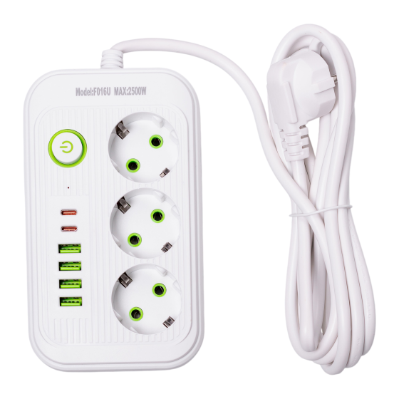 Сетевой фильтр кабель 2.7 м удлинитель F16 на 3 розетки 4 usb 2 type-c и кнопкой отключения Белый HP-5-19 Киев