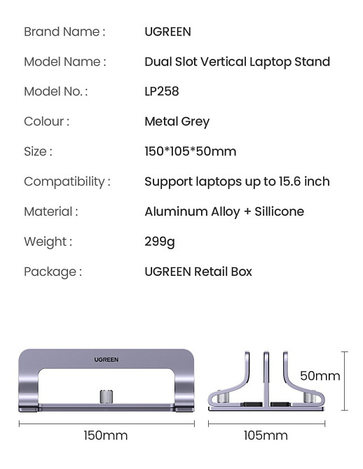 Вертикальна настільна підставка для ноутбуків і планшетів Ugreen з подвійним слотом 60643 LP258 (Срібляста) Николаев - изображение 9