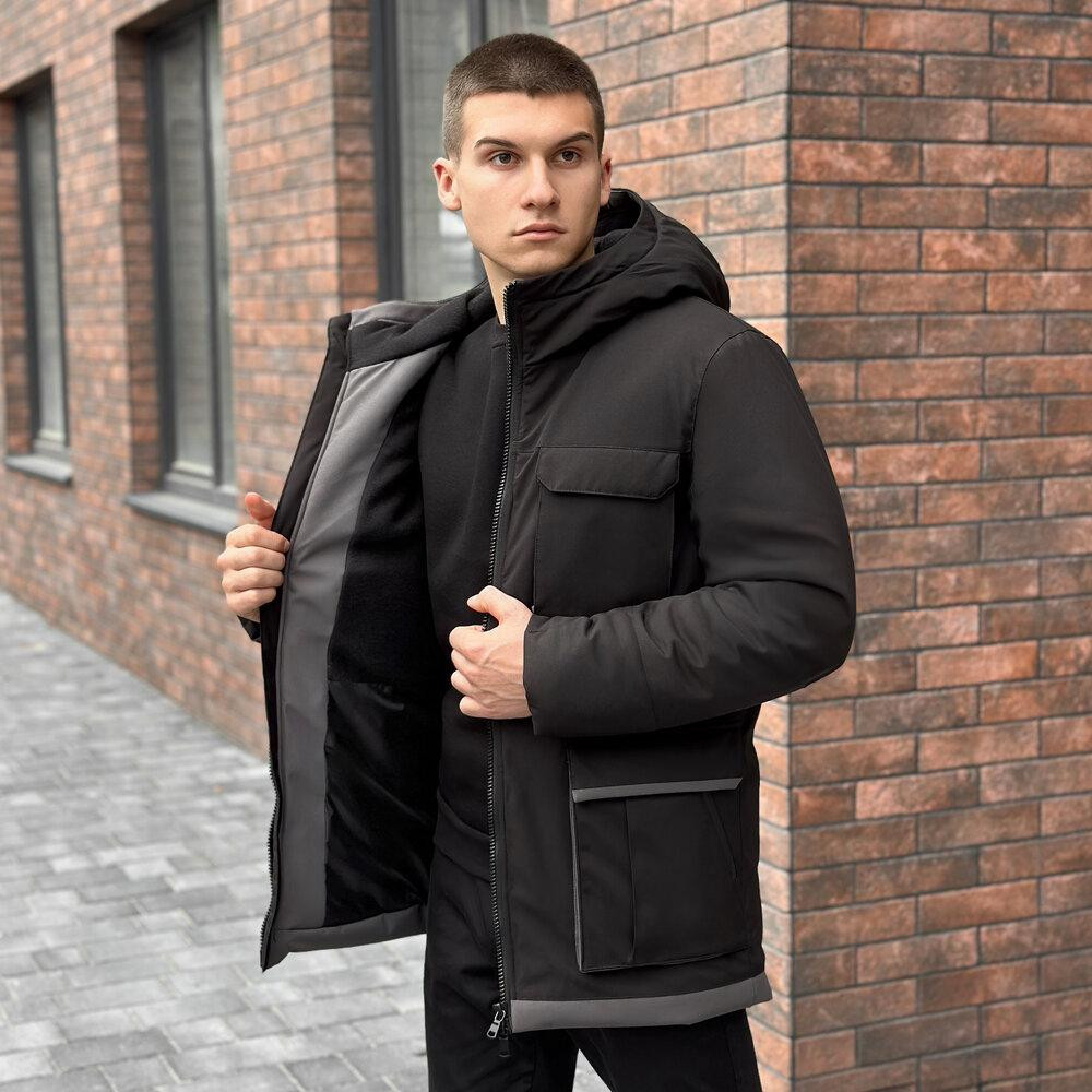 Парка чоловіча зимова з капюшоном чорно-сіра Pobedov Alpina Київ - фото 8