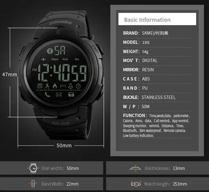 Спортивные женские смарт часы Skmei 1301 Шагомер Bluetooth ударопрочные Черный Киев - изображение 8