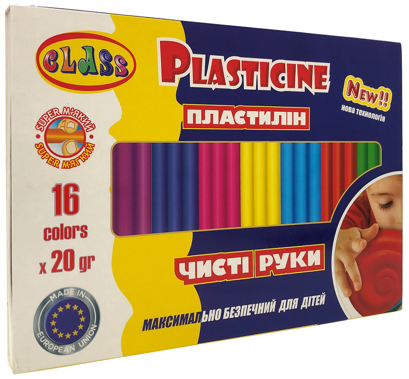 Пластилін "Class" "Чисті руки MAXI" 16кол.*20гр, ECO, 7647С, шт Київ - фото 1