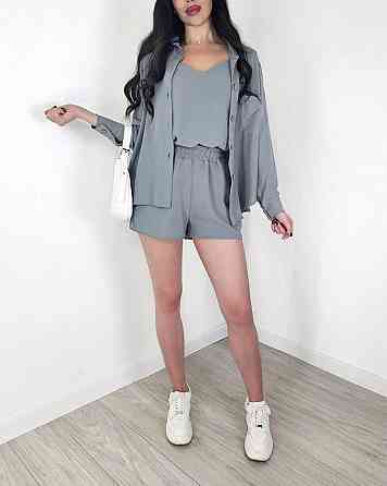 Жіночий легкий костюм-трійка: сорочка, майка та шорти креп жатка Сірий, 42/44 Одеса