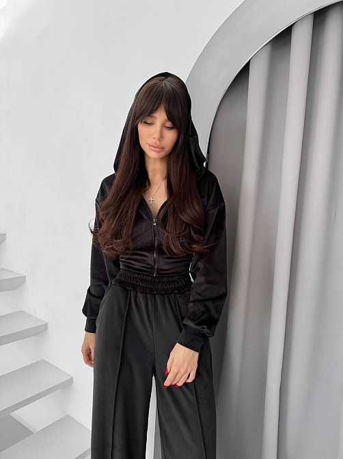 Женский прогулочный костюм двойка: кофта на молнии и брюки из велюра Черный, 42/44 Одесса - изображение 10