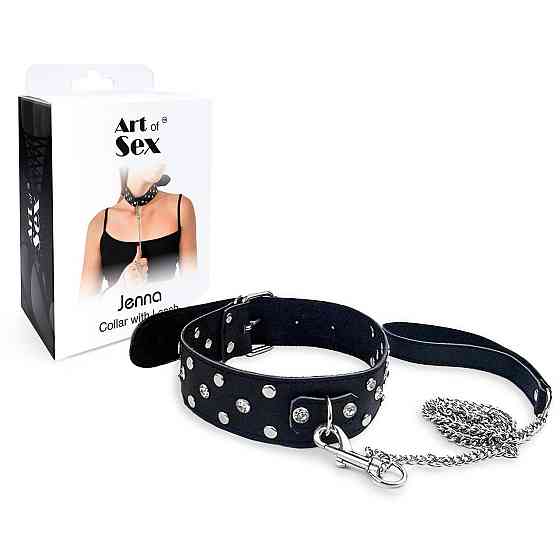 Ошейник с поводком из натуральной кожи с заклепками Art of Sex - Jenna Collar with Leash, черный Sex Aura Киев