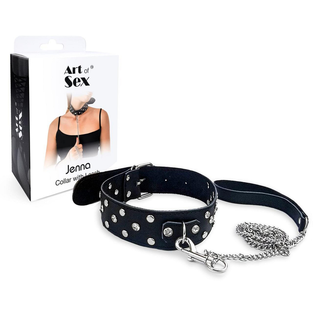 Ошейник с поводком из натуральной кожи с заклепками Art of Sex - Jenna Collar with Leash, черный Sex Aura Киев - изображение 3