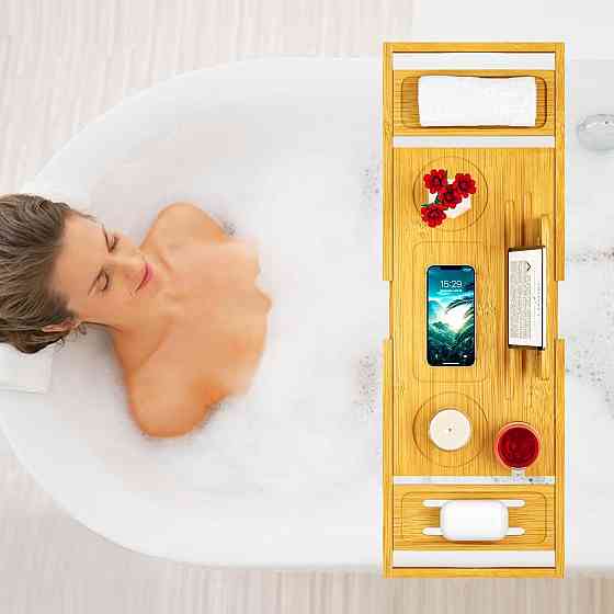 Піднос для ванни Bathtub Tray Caddy бамбук розсувний підставка для келиха планшета регульований Київ