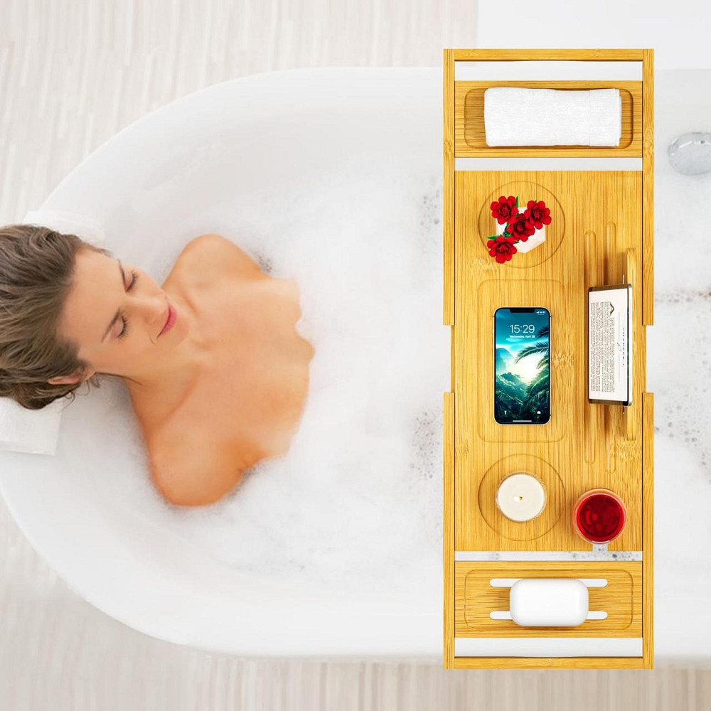 Піднос для ванни Bathtub Tray Caddy бамбук розсувний підставка для келиха планшета регульований Київ - фото 2