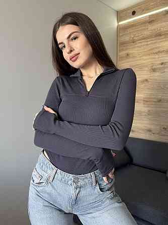 Женский утепленный базовый боди с молнией турецкий рубчик-мустанг на флисе Графит, 46 Одесса
