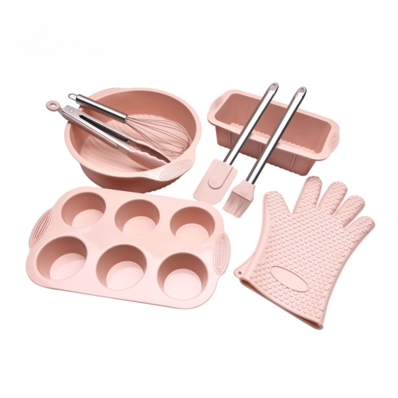 Набор формы силиконовые для выпечки 8 штук,комплект кухонных пренадлежностей с прихваткой,цвет розовый Каменец-Подольский