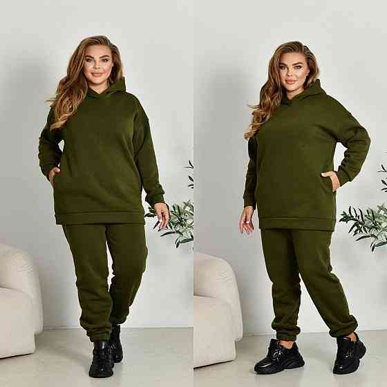 Жіночий прогулянковий костюм: худі та штани батал у спортивному стилі тринитка на флісі Хакі, 56/58 Одеса