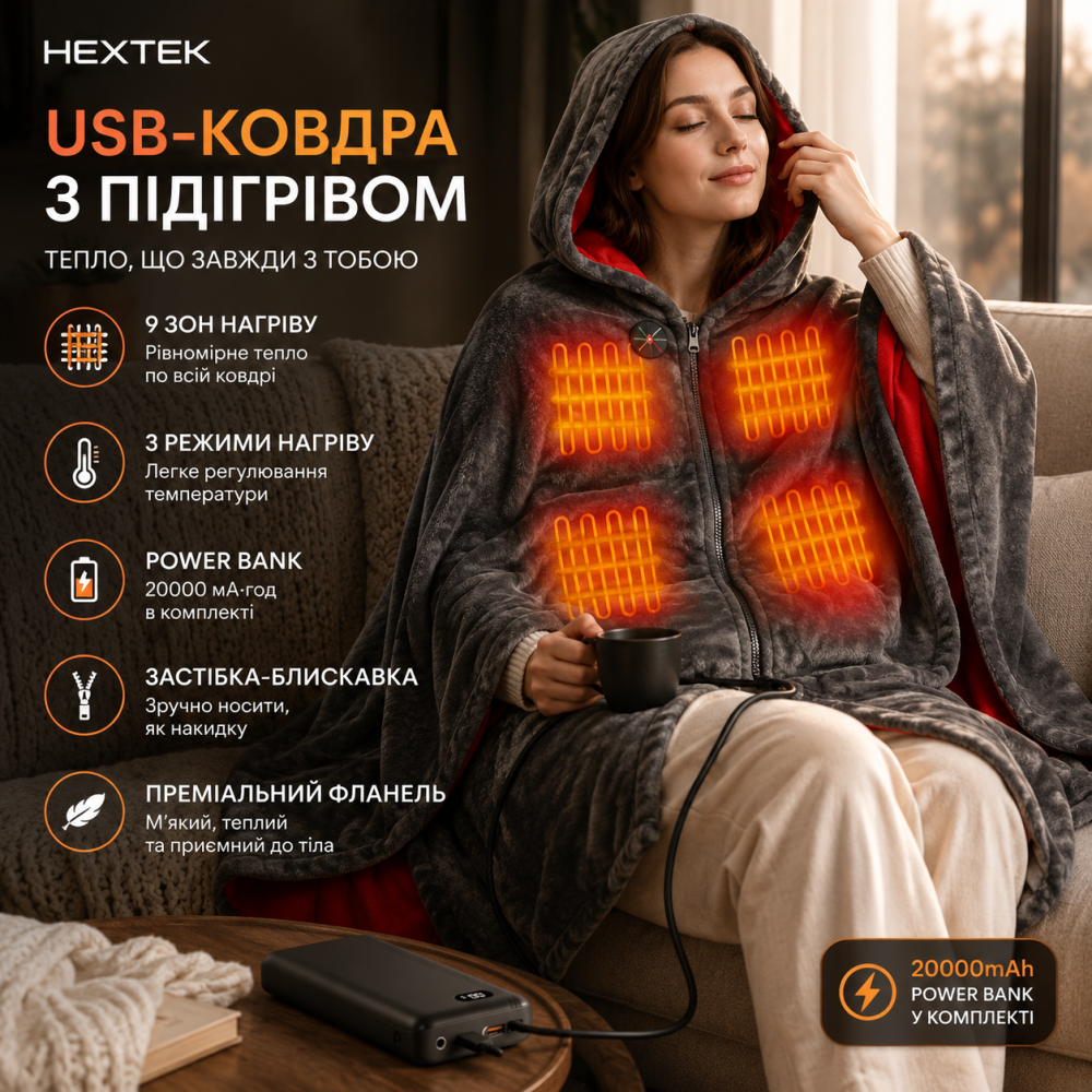 USB-ковдра з підігрівом 150×85 см із застібкою-блискавкою + Power Bank 20000 мА·год | 9 зон нагріву, 3 режими, фланель, ковдра Київ - фото 9