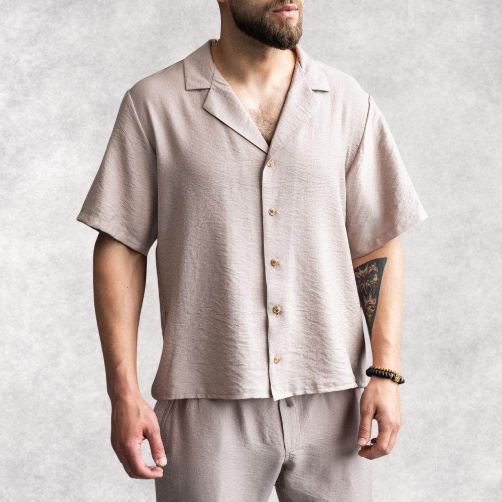 Літня чоловіча лляна сорочка з ґудзиками з коротким рукавом однотонна класична моко Aero L Одеса - фото 1
