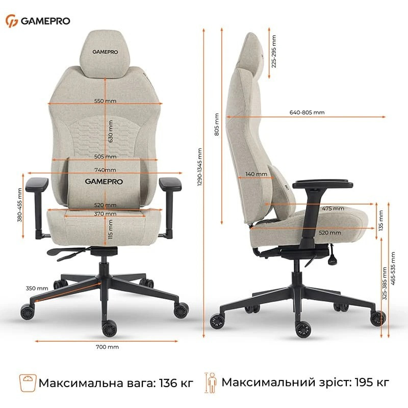 Крісло для геймерів GamePro GC760LG Fabric Light Gray ( 13788 ) Харків - фото 3