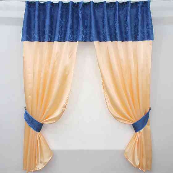 Кухонные шторы VR-Textil № 073к с ламбрекеном и подхватами персиковый с синим 270х170 см (52-0187) Киев