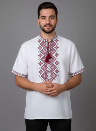 Чоловіча сорочка-вишиванка на короткий рукав Святкова червона Київ