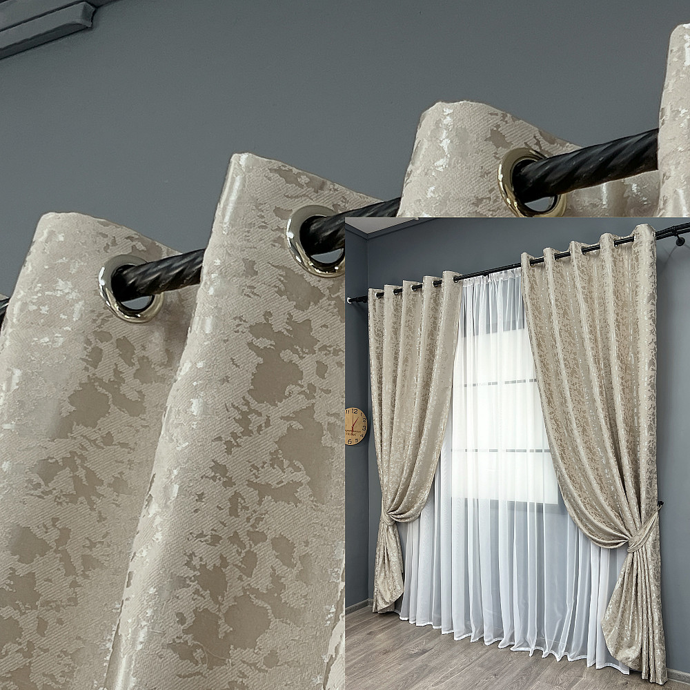 Комплект штор на люверсах VR-Textil Лен мрамор Pavliani ХО № 1272ш Теплый бежевый 150х250 см 2 шт (37-0318) Киев - изображение 1