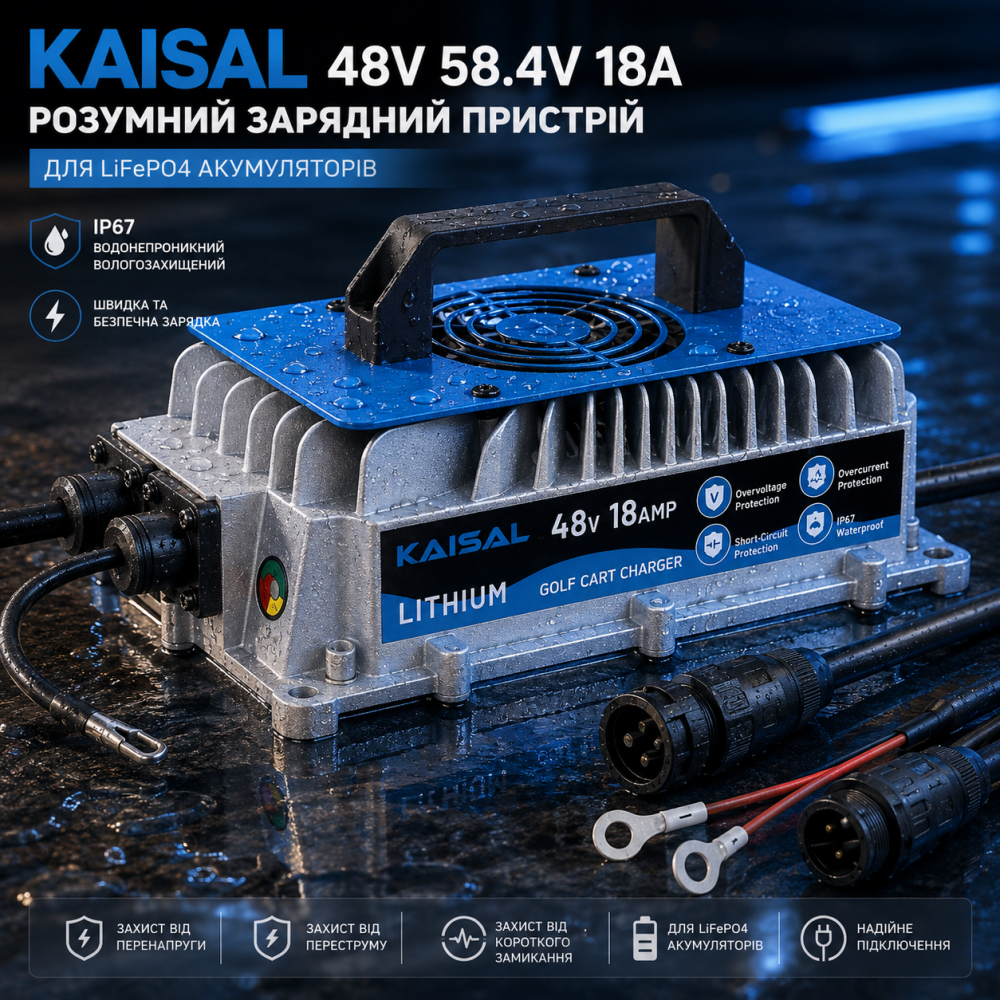 Умное зарядное устройство KAISAL 48V 58.4V 18A для LiFePO4 аккумуляторов Водонепроницаемое IP67 Влагозащищенное Синее Киев - изображение 9