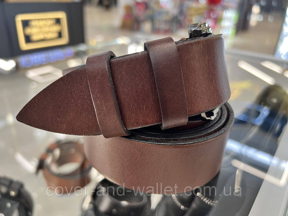 Довгий чоловічий ремінь батал з натуральної шкіри коричневого кольору 40 мм Puos Київ - фото 8