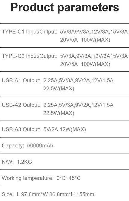 Повербанк для ноутбуків, зарядна станція 60000 mAh 100W PD+QC Black. Київ - фото 1