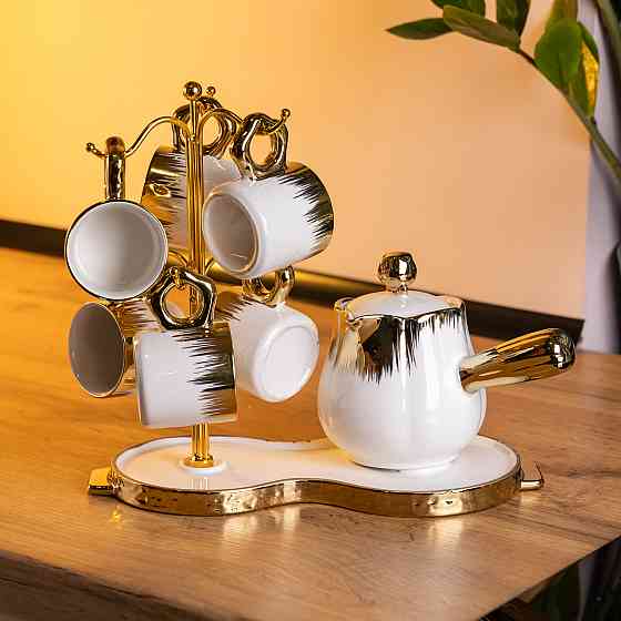 Кавовий сервіз на підставці з туркою 450 (мл) 6 чашок по 90 (мл) подарунковий набір чашок на підставці Білий із золотом FM-JJ-3 Київ