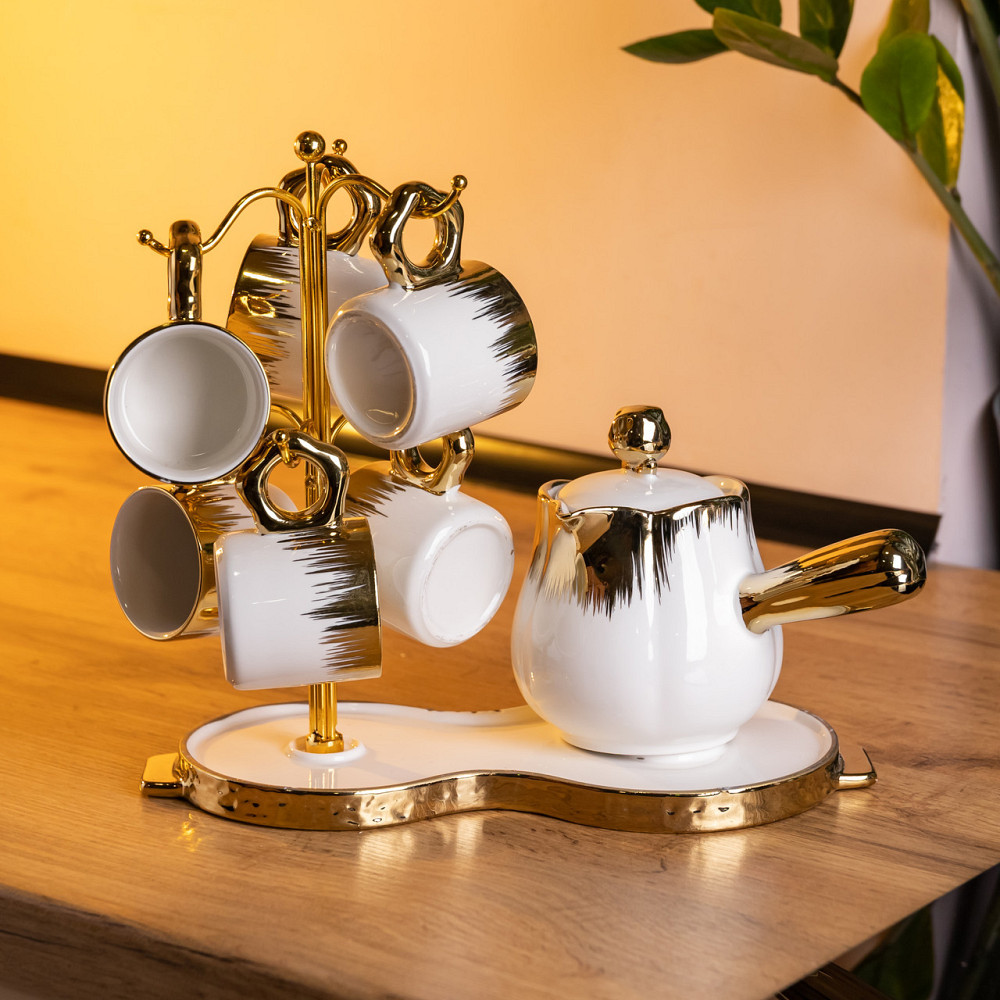 Кофейный сервиз на подставке с кофейником 450 (мл) 6 чашек по 90 (мл) подарочный набор чашек на подставке Белый с золотом FM-JJ-3 Киев - изображение 1