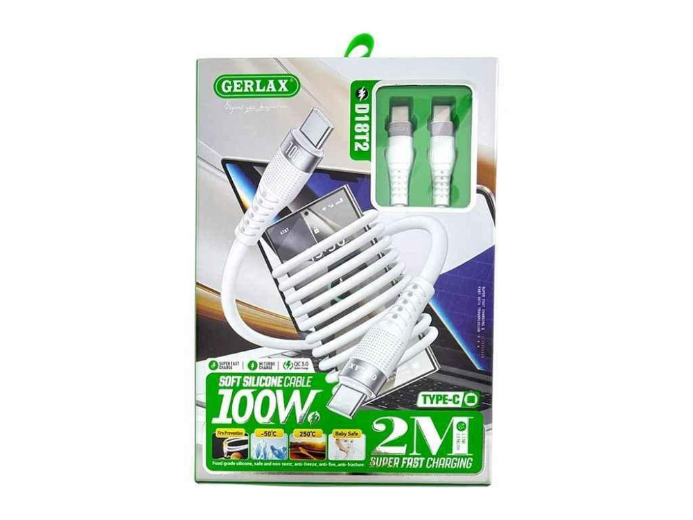 Кабель Type-C - Type-C D18T2 100W силіконовий білий 2м ТМ GERLAX Київ - фото 1