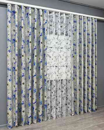 Комплект штор VR-Textil Лен Прованс 150х270 2шт и Тюль 500х270 2078ш-1681т Светло-серый с синим и белым 71-207/4 Киев