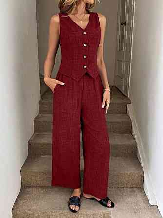 Жіночий базовий брючний костюм-двійка: жилет і штани льон бохо Бордо, 44/46 Одеса