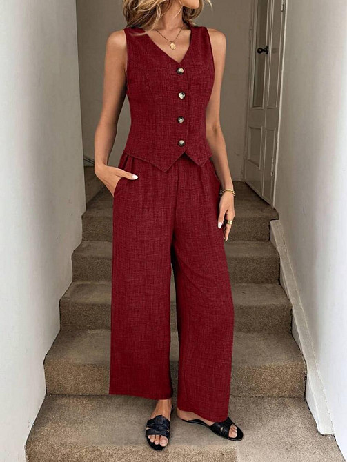 Жіночий базовий брючний костюм-двійка: жилет і штани льон бохо Бордо, 44/46 Одеса - фото 1