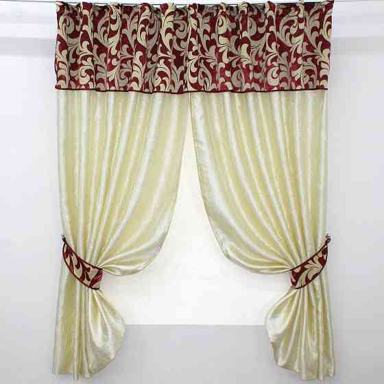 Кухонные шторы VR-Textil № 073к с ламбрекеном и подхватами светло-золотистый с бордовым 270х170 см (52-0161) Киев