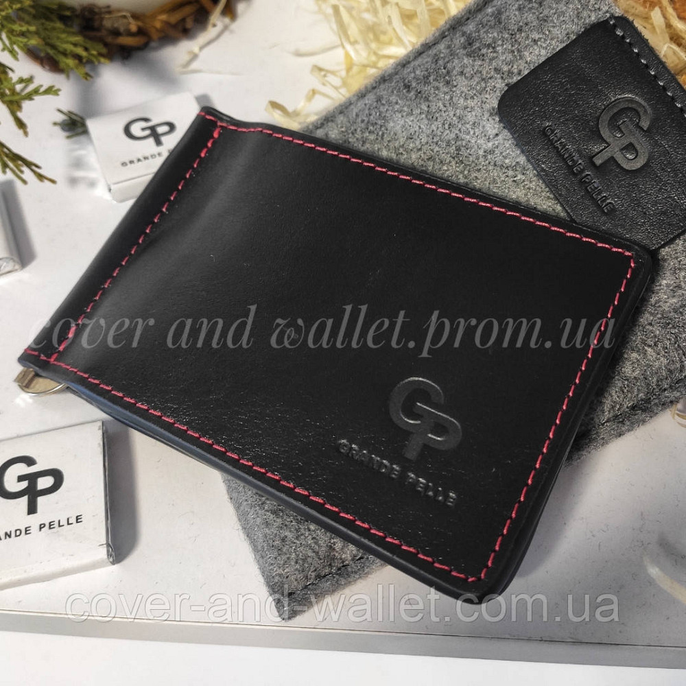 Стильний затискач для грошей та карток з натуральної шкіри червоний з чорним Grande Pelle Onda Київ - фото 2
