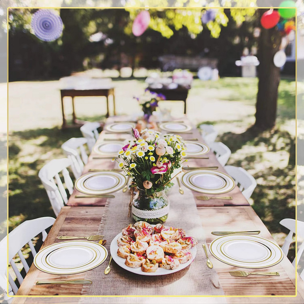 Набір тарілок пластикових 12 шт круглі, десертні 19 см і обідні 26 см, пластик білий із золотистим контуром Кам'янець-Подільський - фото 7