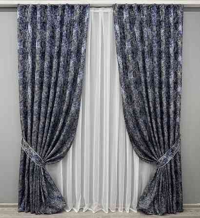Комплект готових штор VR-Textil Льон Преміум № 1835ш Сірий з синім 200х295 см 2 шт (32-154) Київ