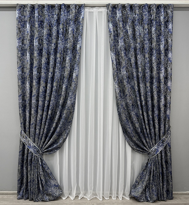 Комплект готових штор VR-Textil Льон Преміум № 1835ш Сірий з синім 200х295 см 2 шт (32-154) Київ - фото 2