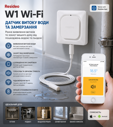Розумний Wi-Fi датчик витоку води та замерзання Resideo (Honeywell) W1 White з сенсорним кабелем 1.2м та сиреною 100 дБ Київ