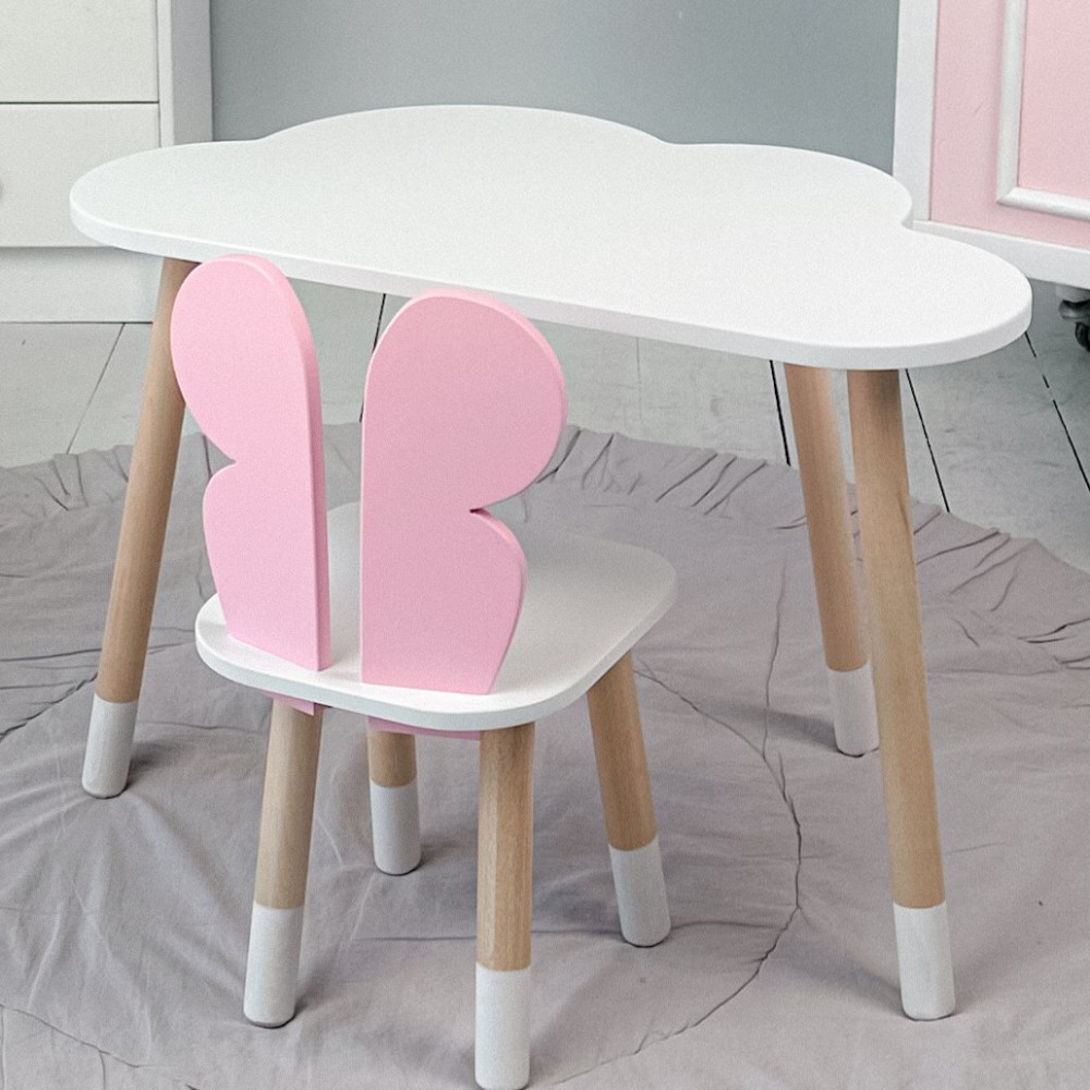 Детский белый стол тучка и стул бабочка розовый. Белоснежный столик детский. Киев - изображение 6