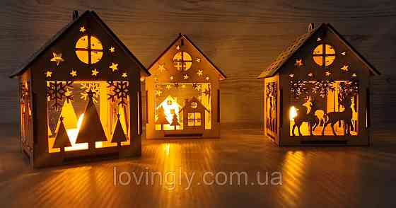 Різдвяний дерев’яний будиночок з LED свічкою - декор і подарунок ручної роботи Ірпінь