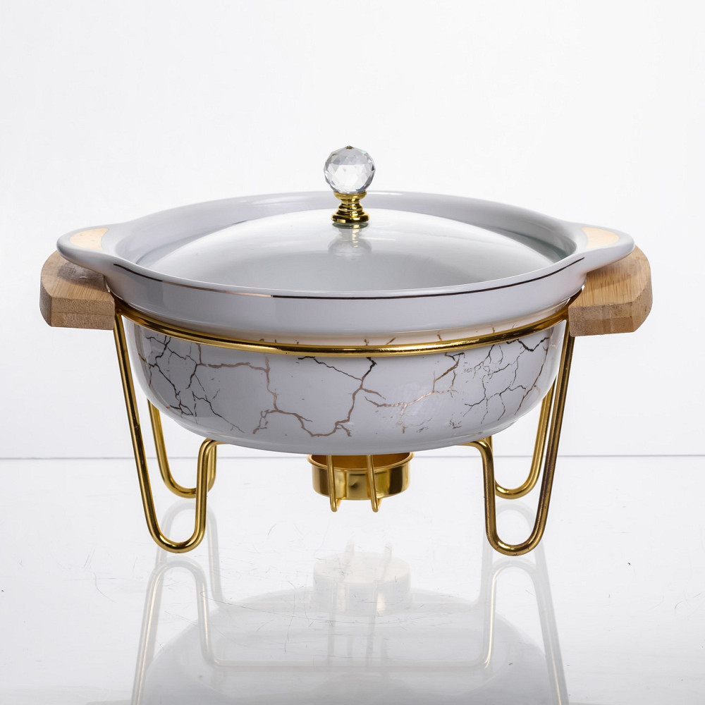 Круглий фарфоровий мармит з підігрівом, 800 мл, білий мрамор Київ - фото 1